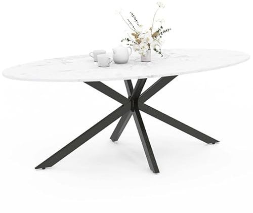 IDMarket - Esstisch, oval, Alix, 10 Personen, Spinnenfuß, Schwarz und Platte in Marmor-Optik, Alaska, 200 cm, Weiß