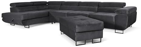 Aller Lang XL Modernes Design Ecksofa mit Schlaffunktion, Bettkasten in Ottomane, Hocker mit Stauraum – Tierfreundlicher Waterproof-Welvet, inkl. 2 runde Kissen, Ottomane Links. (Dunkelgrau)