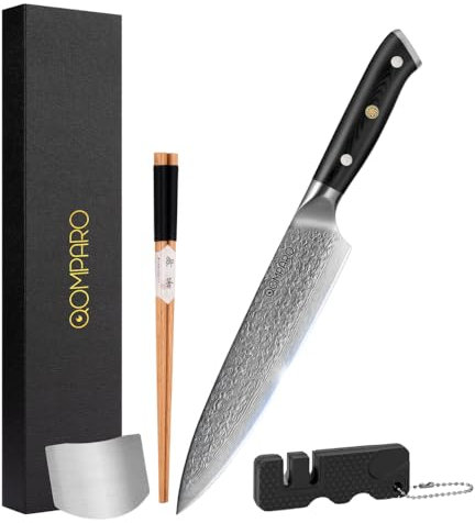 Qomparo Neu Profi Damastmesser 20cm-Klinge 67 Lagen VG-10 Damaststahl mit ergonomischem G-10 Griff Küchenmesser Extrem scharf Japanisches Kochmesser inkl Geschenkverpackung