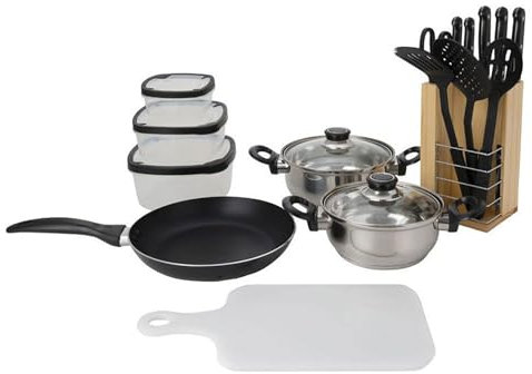 Batería de cocina de 18pc (Sartén/2 Cacerolas/Tabla de cortar/Tijeras/3 Utensilios/4 contenedores/5 cuchillos/Bloque de madera)