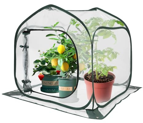Überwinterungszelt für Pflanzen mit Reißverschlusstür 80×80×80cm Pop Up Gewächshaus mit Handtasche Faltbar Transparent Gewächshaus Winterfest Schutzhüllen für Pflanzen Blumen Gemüse (80×80×80CM)