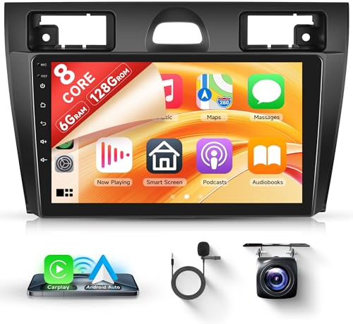 8 Core 6+128G Wireless Carplay Android Autoradio für Ford Fiesta Mk5 Mk VI 2002-2008 9 Zoll Radio mit Android Auto GPS WiFi Mirror Link Bluetooth FM/RDS/EQ Rückfahrkamera