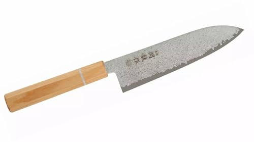Japanisches Kochmesser Sekiryu Serie MOKUZAI, Klinge aus Rostfreiem Stahl VG-10 Damast mit 33 Lagen, Oktogonaler Griff aus Laminiertem Holz mit Blauem Micarta-Ring, HRC 61 (Santoku 18 cm)