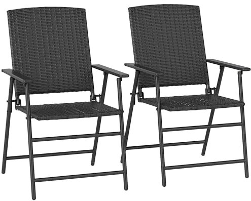 Outsunny Folding Garden Chairs Set of 2, PE Rattan Garden Dining Chairs with Armrests, High Back and Steel Frame, Weather Resistant Outdoor Dining Furniture for Patio, Balcony, Black