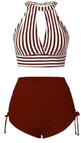 Ventes Flash du Jour Tankinis Femme Col V Push Up 2025 Tankini Maillot De Bain Bandeau Femme 2 Pieces Piscine Sexy Pas Cher Dos Nu Vacances Maillot De Bain Femme String Tanga Rouge Foncé S