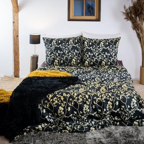 Cotton Market Bettwäsche 155x200 cm - Bettwäsche Baumwoll-Mikrofaser - Bettwäsche-Sets 3 Teilig - Bettbezug 155 cm und 2 Kissenbezug 70x80 cm - Blumen, Schwarz und Gold