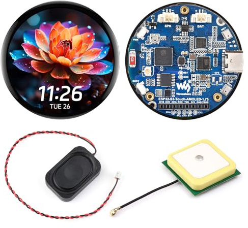 Waveshare ESP32-S3 1.75inch AMOLED Round Touch Display Development Board(GPS Version, No Case), 32-Bit LX7 2-Core Processor, 466x466, QSPI Interface, 2 Digital Microphones Array, ESP32 with Display