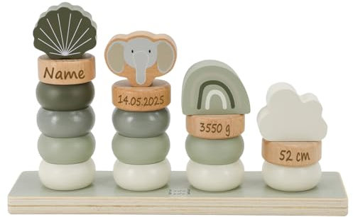 Elefantasie Stapelringe aus Holz mit Namen und Geburtsdaten graviert div. Farben (Oliv)