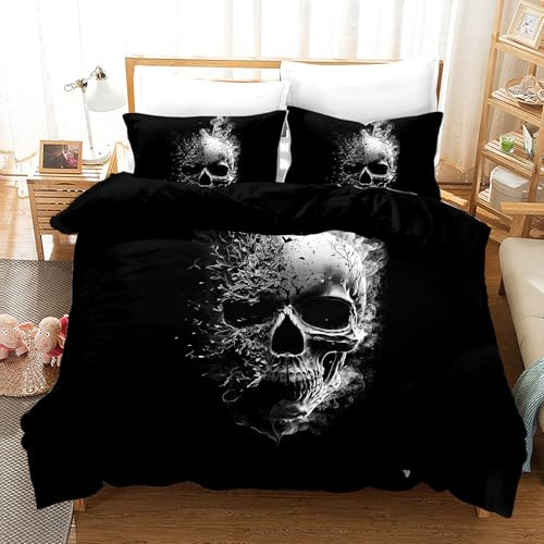 UGZDEA Totenkopf Bettwäsche Set, Gothic Schwarz Skull Motiv Print Bettbezug Set, Halloween Microfaser Bettwäsche 3 Stück Set Mit Reißverschluss (Totenkopf-3, 200x200cm)