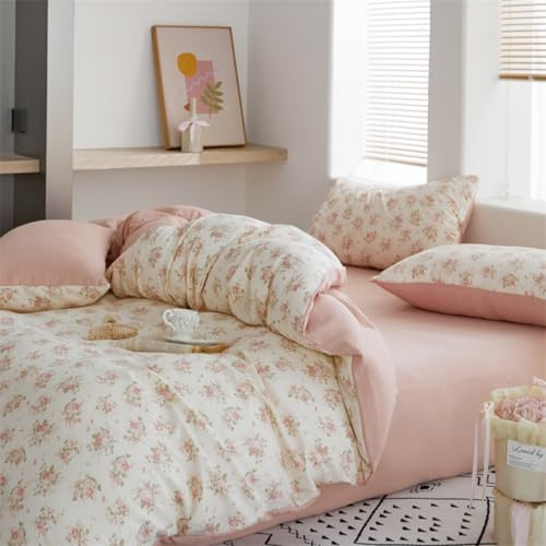 Freyamy Blumen Bettwäsche 135x200 Beige Rosa Floral Mädchen Bettwäsche Set | Aesthetic Bettwäsche, Microfaser ÖKO-TEX Bettwäsche-Sets, 1 Bettbezug mit Reißverschluss und 1 Kissenbezug 80x80cm