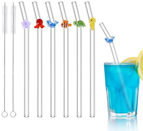 6 Pcs Cute Glass Straws Shatter Resistant with Charms (Sea Animal) | Colorful Reusable Straw for Ocean Themed Party Decorations, Juice, Summer Beach, Birthday Party
