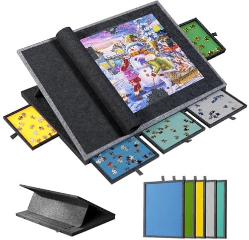 Puzzletisch 1000 Teile (mit 5 Schubladen und Abdeckplatte), Klappbarer Puzzle Tisch,Filz Puzzlebrett,Puzzle Sortierer & Organizer（Schwarz）