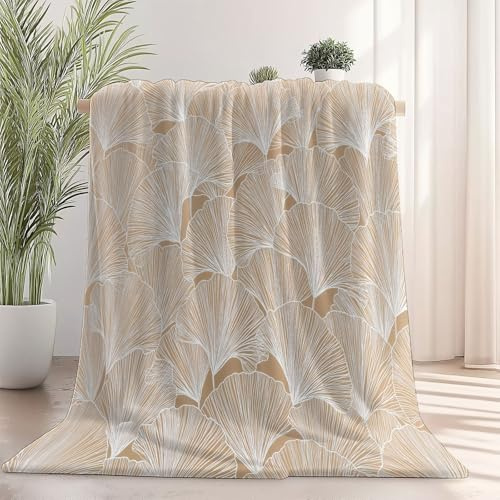Kuscheldecke Minimalismus Pflanzen Linien Ginkgoblätter Flanell Decke Personalisiert Decke mit Foto Flauschig Weiche Wohndecke für Erwachsene Kinder, Weiß 180 x 220 cm