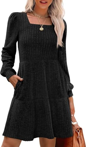 TrendiMax Damen Langarm Pullover Kleid Herbst Winter Freizeitkleid Knielang Strickkleid Casual Bequem Herbstkleid mit Taschen