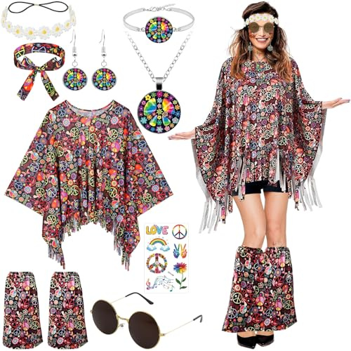 Dongcill 70er Jahre Hippie Kostüm Damen Mit Hippie Accessoires Kleidung Mit Peace Kette Brille Ohrringe 70er Jahre Haarband Blumen Stiefelüberzieher Tattoo-Aufkleber Karneval Faschingskostüme