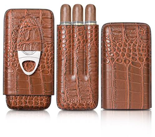 Volenx Reise Zigarrenetui, tragbarer Humidor für 3 Zigarren, Zigarrenetui aus PU-Leder mit Zigarrenschneider, Textur mit Krokodilprägung