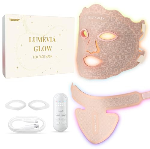 LED Maske Gesicht & Hals, Rotlicht Gesichtsmaske mit Nahinfrarot, Red Light Face Mask aus flexiblem Silikon, verstellbare Bänder für die Anwendung zu Hause (Rosa)