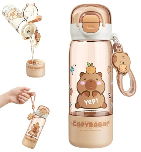 KUWUNG Capybara Water Bottle, 510ML Capybara Drinking Bottle with Lid & Keychain, Cute Water Bottle with Silicone Straw Tumbler & Spout Portable Heat Resistant for Office Outdoor Travel