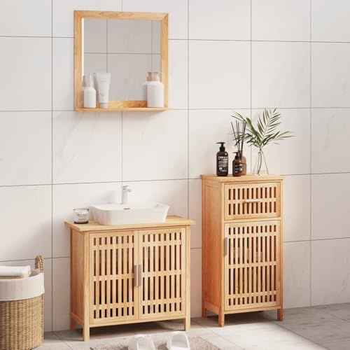 Runheo 3-TLG. Badmöbel-Set Massivholz Nussbaum, Badezimmermöbel mit Spiegel, Waschbeckenunterschrank & Standschrank, Elegante Badaufbewahrung