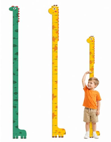 BIKPRST 2 Stück Messlatte Kinder, Höhenmesser Wandaufkleber mit Gelber Giraffe & Grüner Dinosaurier für Kinderzimmer und Schlafzimmer