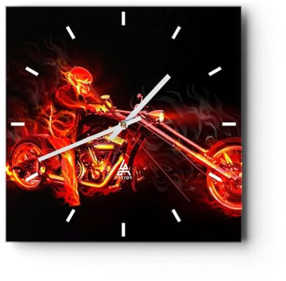Modern Wanduhr Flammen Motorrad Skelett 30x30cm Quadrat Klein Wand Uhr Glas Analog Zimmeruhren Küche Büro Wohnzimmer Glasuhr Wall Clock Dekoration Design Wanddekoration Küchenuhr C3AC30x30-0148