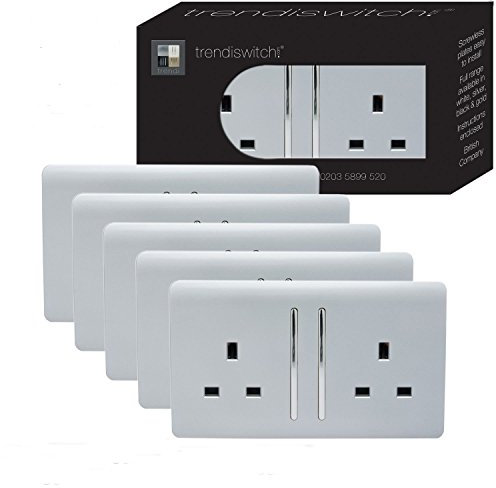 Trendi 2 Gang Raised Artistic Modern Glossy Screwless 13 Amp Single Pole with Chrome Switched UK Standard Electrical Double Wall Plug Socket in Platinum Silver (Pack of 5) - ART-SKT213LSI-P5