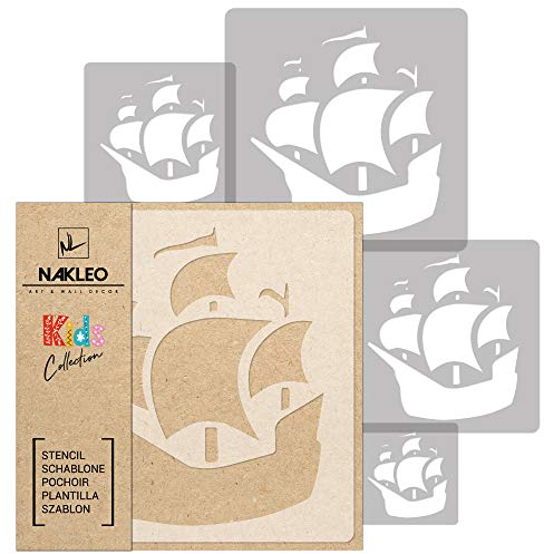 NAKLEO Schablonen Malen für Kinderzimmer, 5 Stück Set 9x9 bis 34x34cm Schiff Pirat Korsar, Wiederverwendbare Kunststoff Malvorlage Raumdekoration, Basteln DIY Wand Möbel Papier Stoff