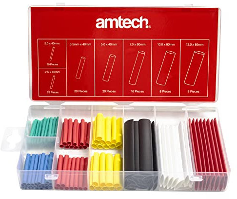 Amtech S6203 Heat Shrink Wrap Assortment, 6 Colours and 7 Different Size Heat Shrink Tubes, 600V Rated, 127 pieces plus Storage Case