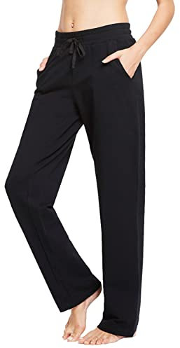 baleaf Damen Thermo Jogginghose Baumwolle Yogahose mit Taschen Geradem Bein Hose Sweathose Freizeithose Schwarz L