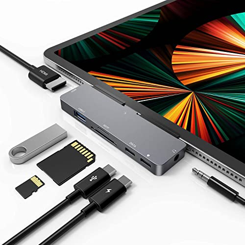 RREAKA Hub USB C pour iPad Pro, Adaptateur 7 en 1 pour iPad Pro M4 M2 M1 13 12,9 11 iPad Air 5 4 Station d'accueil avec HDMI 4K, Lecteur de Carte SD/TF, USB 3.0, Prise Audio 3,5 mm, Accessoires