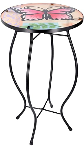 GEEZY Mosaic Garden Table – Large Butterfly Design, Weatherproof Glass & Iron, Small Round Outdoor Patio Coffee Versatile Bistro Side Table Plant Stand for Home & Gift, 30.5 cm, Garden Tables Only