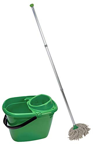 Abbey Professional Mop and Bucket Set Heavy Duty with Wringer and Two Traditional Cotton Mop Heads for Cleaning Floors – Strong Aluminum Mop Handles – Mop Bucket Capacity 12L with Pouring Lip (Green)