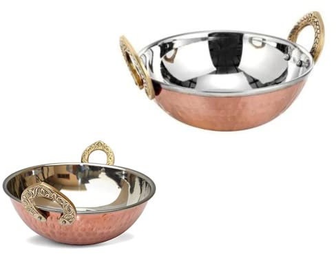 Set of 4, Indian Copper Serveware Karahi Vegetable Dinner Bowl with Handle for Indian Food, Diameter 6 Inches Approx