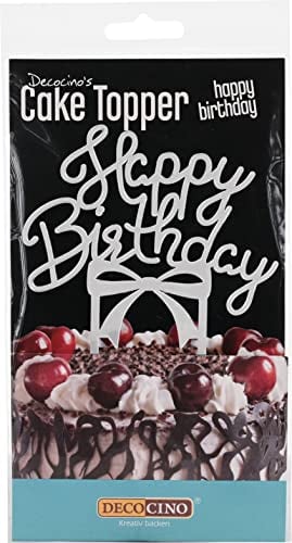 Decocino Cake Topper Happy Birthday Tortenstecker in Silber zum Dekorieren & Verzieren von Torten und Kuchen (10 x 8 cm) Tortendekoration