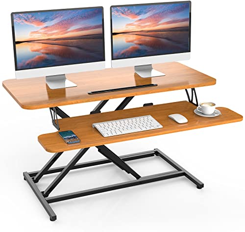 ERGOMAKER Steh-Sitz Schreibtischaufsatz Höhenverstellbar, Stehpult Aufsatz Schreibtisch 91 X 40CM Desktop Erhöhung mit Tastaturablage Für Zwei Monitore