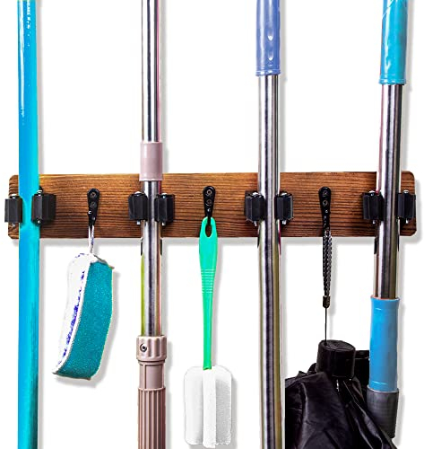 Mop and Broom Holder Wall Mount Solid Wood Broom Rack Wall Mount 4 Positions 3 Hooks for Home, Kitchen, Garden, Tools, Garage Organizing, Cleaning Supplies Organizer Indoor Outdoor