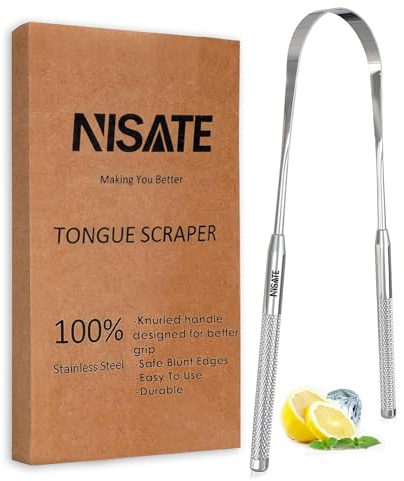 NISATE Zungenschaber 100% Edelstahl für Mundgesundheit und Hygiene – Zungenreiniger aus Metall beugt Mundgeruch vor, U-förmiger Standardschaber mit stumpfen Kanten für einfache Anwendung