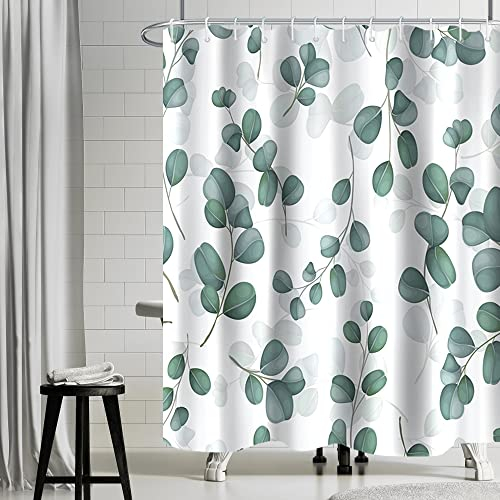 Uiiooazy Foglie Verdi Tenda da Doccia Foglie di Eucalipto Pianta Tenda per Doccia Impermeabile Antimuffa Lavabile in Lavatrice Tenda per Vasca da Bagno in Poliestere con Ganci 180 x 180 cm