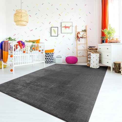 TT Home Teppich Kinderzimmer Waschbar rutschfest Kinderteppich Junge Mädchen Weich Pastell, Farbe:Anthrazit, Größe:80x150 cm