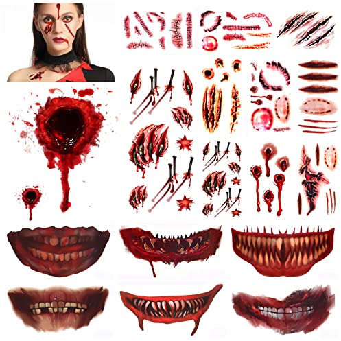 HOWAF 11 Sheets Halloween Scar Tattoos, Halloween Temporary Tattoos Blood Wound Scar Zombie Tattoo Stickers for Vampire Zombie Makeup Kit