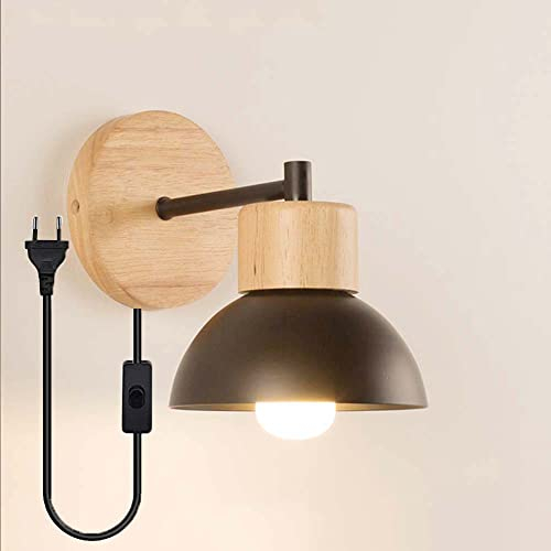 Wandlampe Holz Wandleuchte E27 Wandbeleuchtung Leselampe Innenwandleuchte Eisen Wand Strahler mit Schalter und Stecker Lampenschirm Innen Schlafzimmer Wohnzimmer Flur Küchen Esszimmer Nacht (Schwarz)