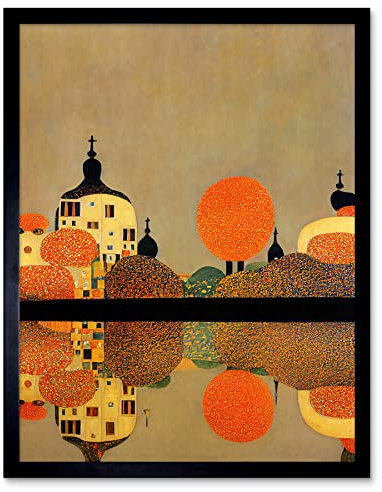 Wee Blue Coo Gustav Klimt Style Autumn Lakeside Town Church Reflection Art Print Framed Poster Wall Decor 12x16 inch