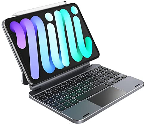 doqo Custodia per tastiera per iPad mini 7 & Mini 6 da 8,3 pollici di 6° generazione (2021)/7° generazione (2024), tastiera touchpad wireless backlit, supporto magnetico flottante per braccio colletto