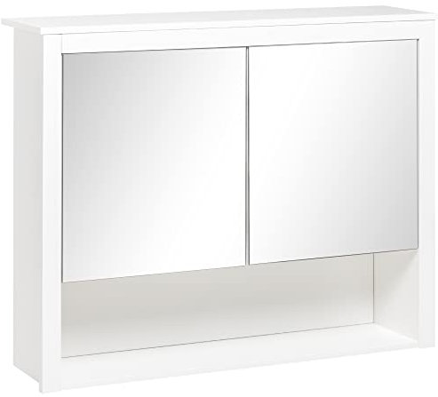HOMCOM Armario de Pared con Espejo Mueble Suspendido de Baño Armario Colgante para Baño con 2 Puertas de Vidrio y Estante de Almacenamiento 80x20x65 cm Blanco