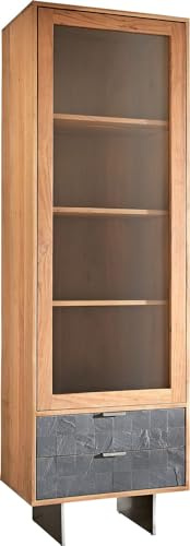 DELIFE Glasschrank Teele Akazie Natur Schiefer 60x180 cm 1 Türen 2 Schubfächer Schrank Fuß