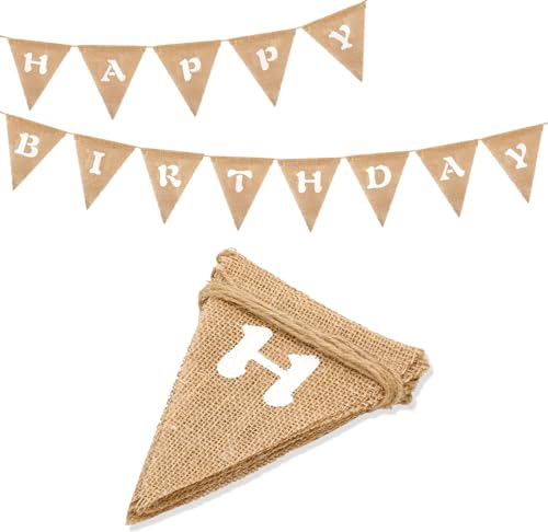 G2PLUS 13STK Geburtstag Wimpelkette,Happy Birthday Wimpelkette Geburtstag Vintage Leinen Banner,Girlande Banner für Babydusche,Geburtstag,Party (Weiße Wort)