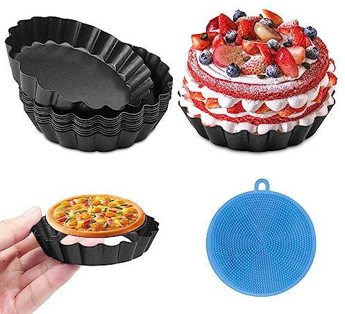 Fousenuk 10 stück Tarteform Schwarz, Tartelette Förmchen Rund Quicheform aus Kohlenstoffstahl mit Hebeboden, Pie Form mit Wellenrand 10 cm Obstkuchenform mit Antihaftbeschichtung für Quiche, Pie