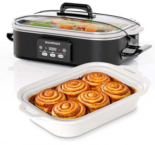 [NEW] MAGNIFIQUE 4-Quart Oven-Safe Casserole Slow Cooker with Digital Warm Setting - Perfect Kitchen Appliance for Family Dinners, Baking and Dishwasher Safe Crock, Black with White Ceramic Bakeware