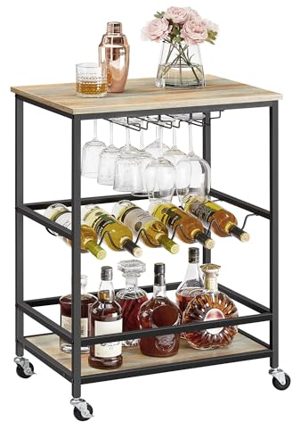 VASAGLE Barwagen, Servierwagen mit Rollen, Glashalter, Weinhalter, 40 x 59 x 82 cm, industriell, für Zuhause, Bar, Küche, Esszimmer, Türkisbraun und einfach schwarz ULRC087B60