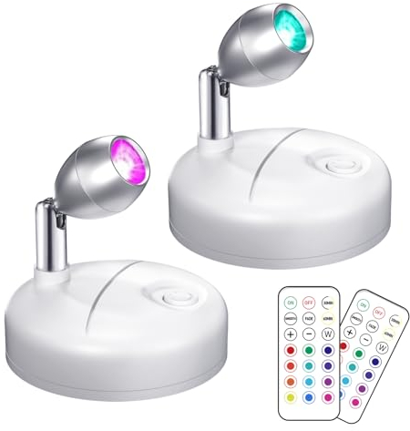Klarlight Mini RGB Battery Spotlights Indoor with Remote Control Wireless LED Spot Lights Picture Light with 13 Light Colours for Cabinet Art Display Party Ambience (2-Pack, White)